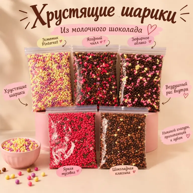 Хрустящие шарики как в йогуртах, 5 вкусов от 400г. до 2кг.
