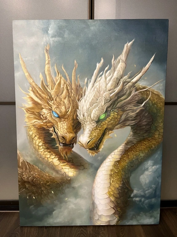 Современная картина маслом Два дракона Золотой союз