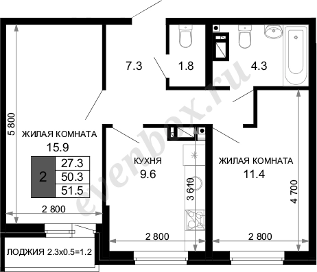 Квартира, 2 комнаты, 51.5 м², Собственник