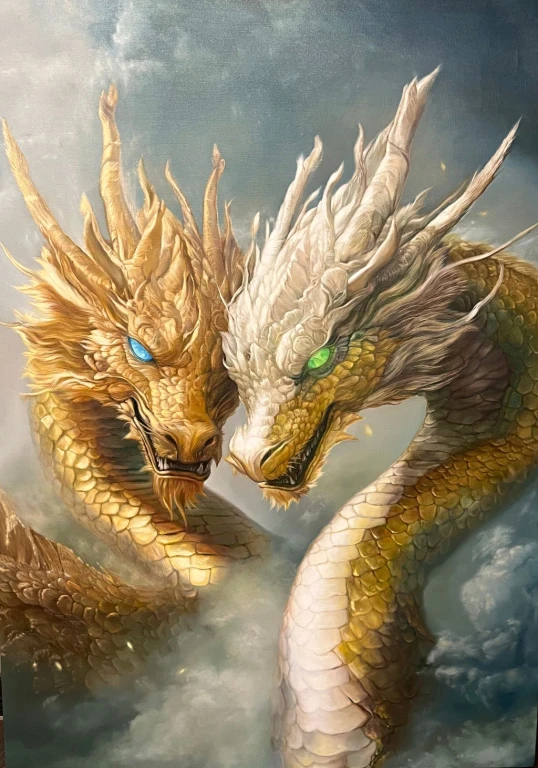 Современная картина маслом Два дракона Золотой союз