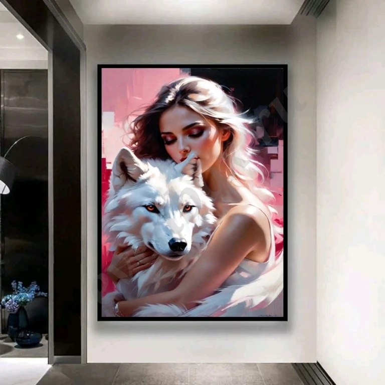 Большая картина маслом девушка с волком