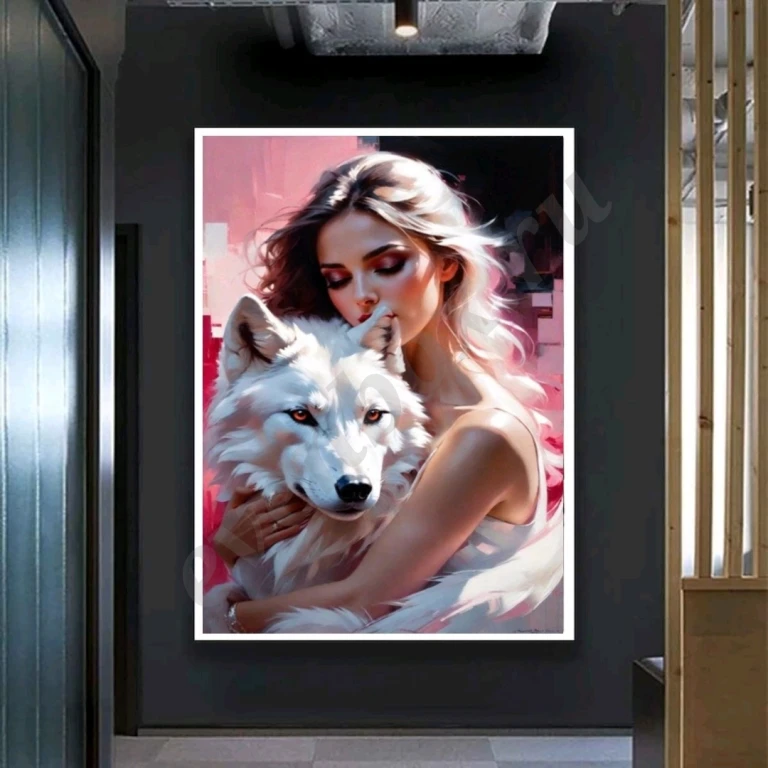 Большая картина маслом девушка с волком