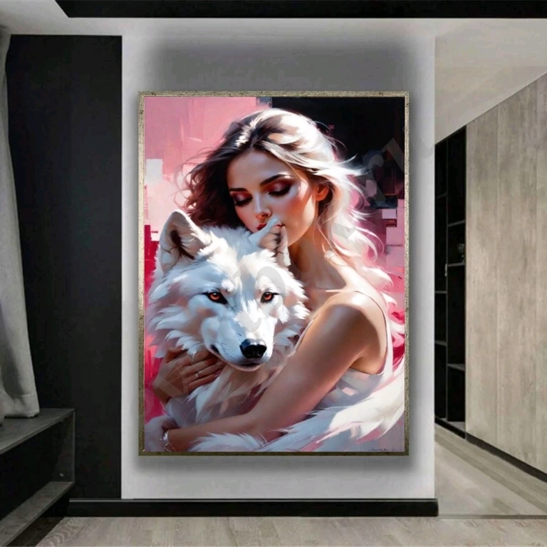 Большая картина маслом девушка с волком